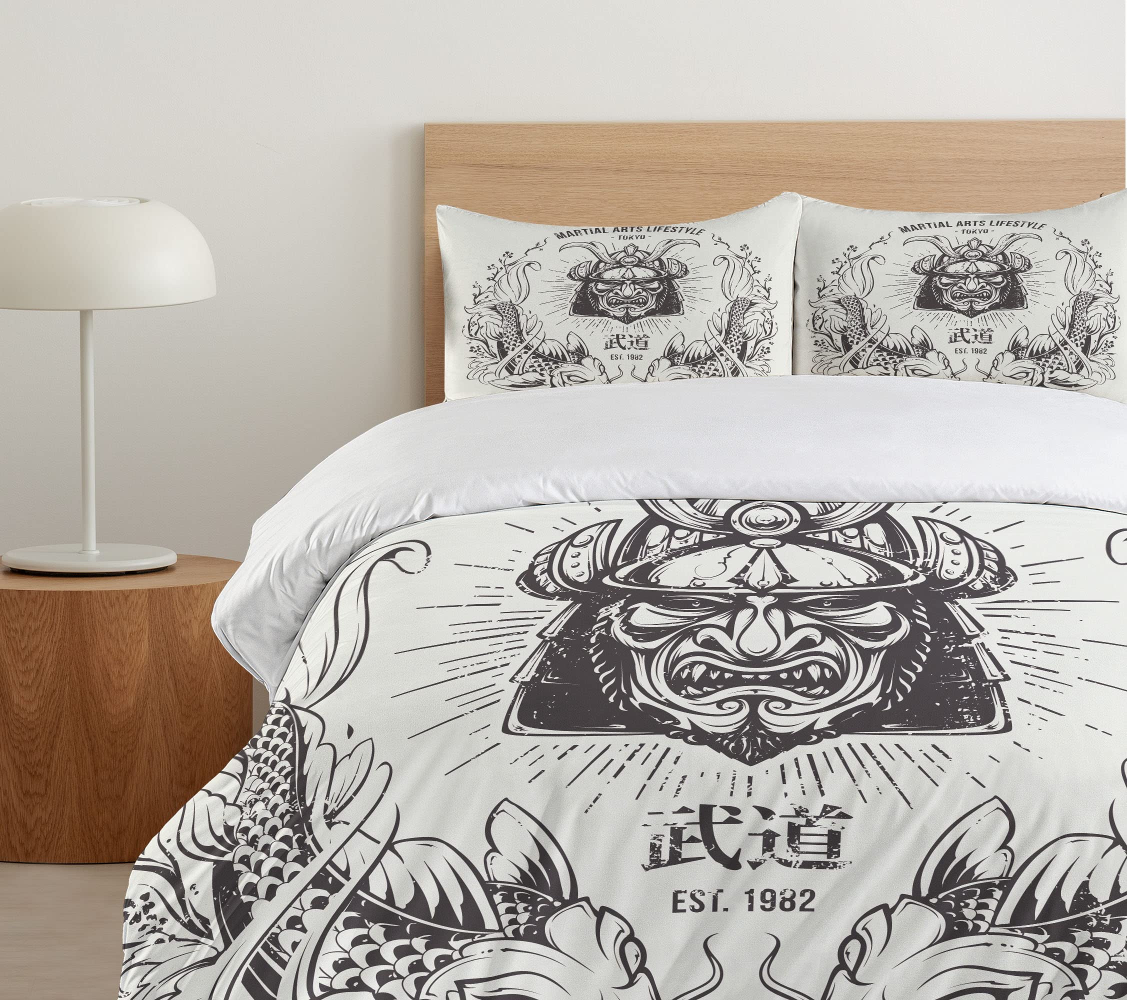 Ambesonne Japanese Samurai Koi Fish Duvet Cover Set - Traditional Asian Inspired 3 Piece Bedding with 2 Pillow Shams, Queen Size in Coconut Grey - Perfect for Zen Bedrooms, Martial Arts Themed Decor & Tokyo Style Home Interiors