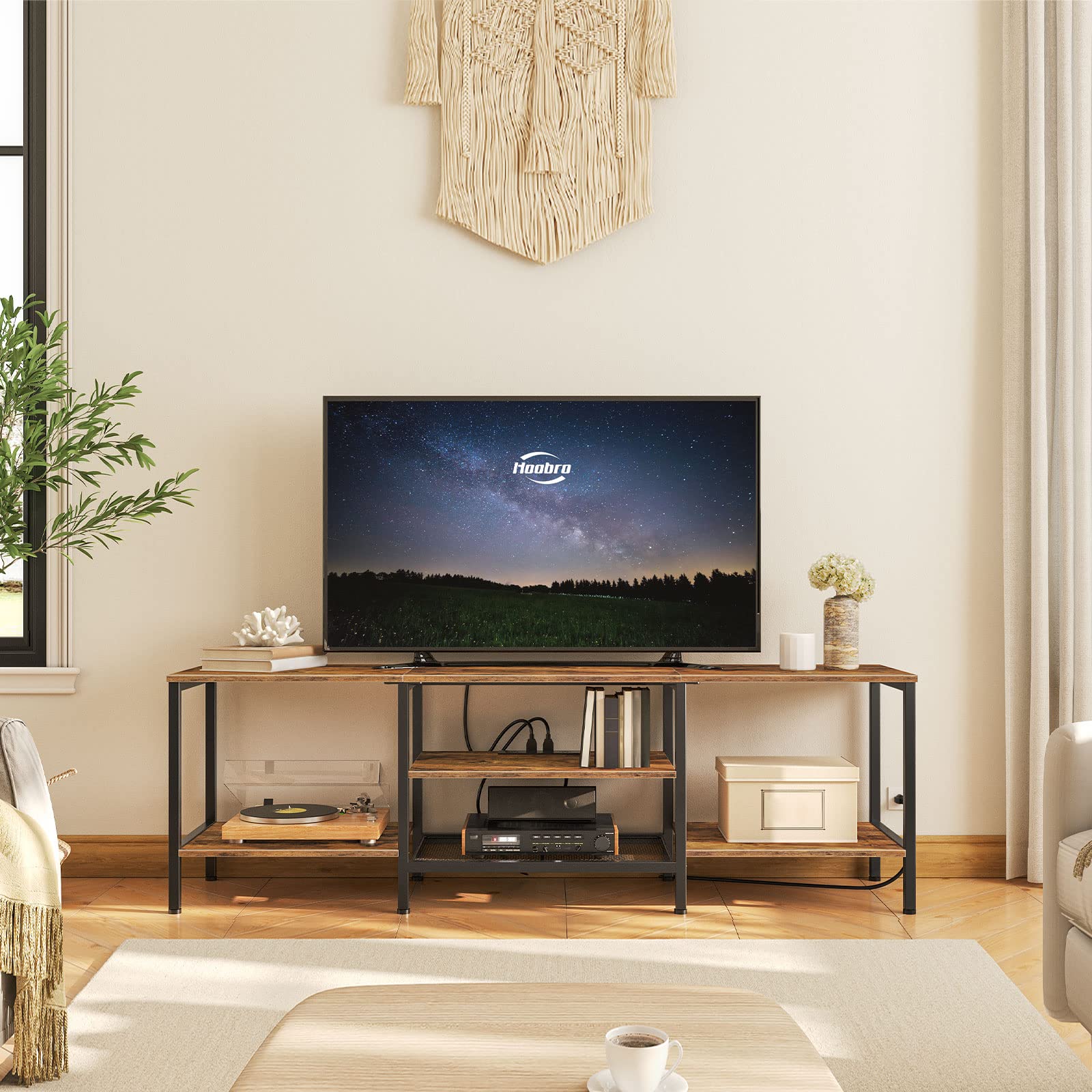 HOOBRO 75 Inch TV Stand with Power Outlets, Industrial TV Console Table with Open Storage Shelves & Cabinet, Rustic Brown and Black Media Entertainment Center - Perfect for Living Room, Bedroom, Home Theater Setup (Model BF80DS01)