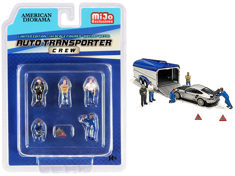 1/64 Scale Auto Transporter Crew Diecast Set - 7 Piece Collection (5 Figurines + 2 Warning Triangles) by American Diorama - Perfect for Model Car Displays, Diorama Scenes & Collectors