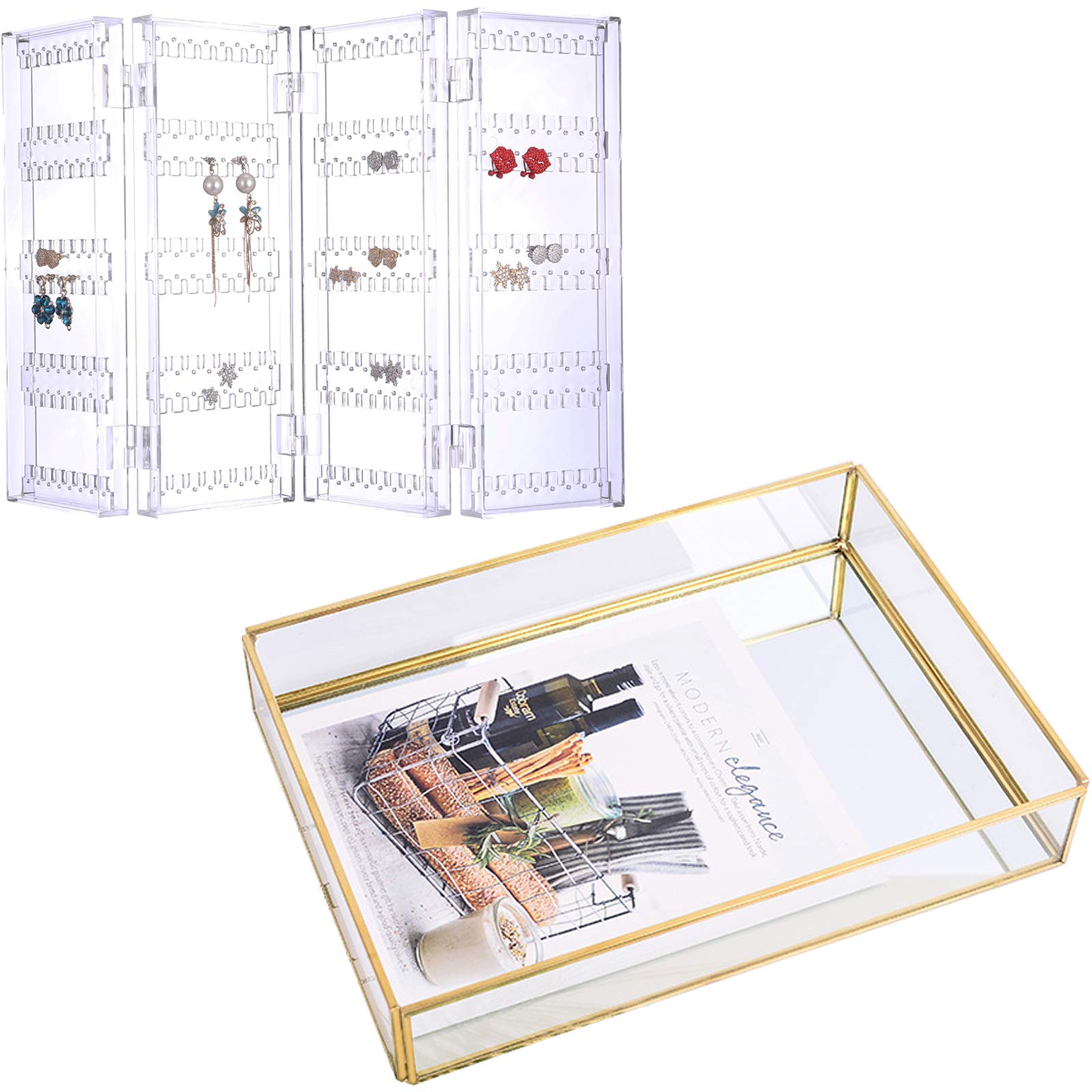 Sooyee 4-Door Foldable Jewelry Organizer with Mirror - Double-Sided Necklace Display Stand & Gold Tray for Perfume, Cosmetics, Makeup, and Accessories | Perfect for Bedroom Vanity, Dresser Top, and Travel Storage