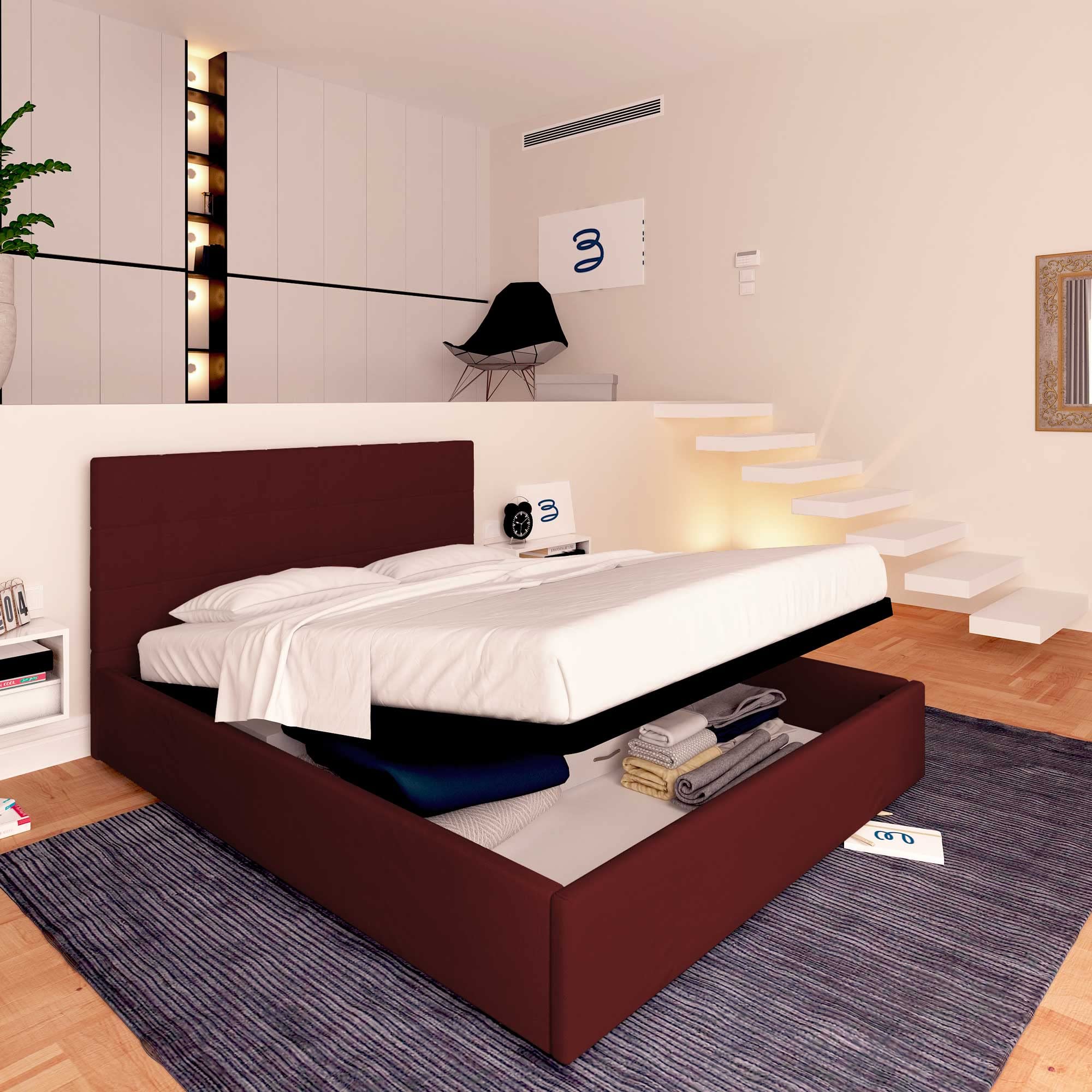 Baldiflex Single Bed with Storage - Synthetic Leather Dublin Model, Slatted Base for Single Mattress, 180 x 190 cm, Elegant Headboard, Burgundy Color - Perfect for Small Bedrooms, Guest Rooms & Studio Apartments
