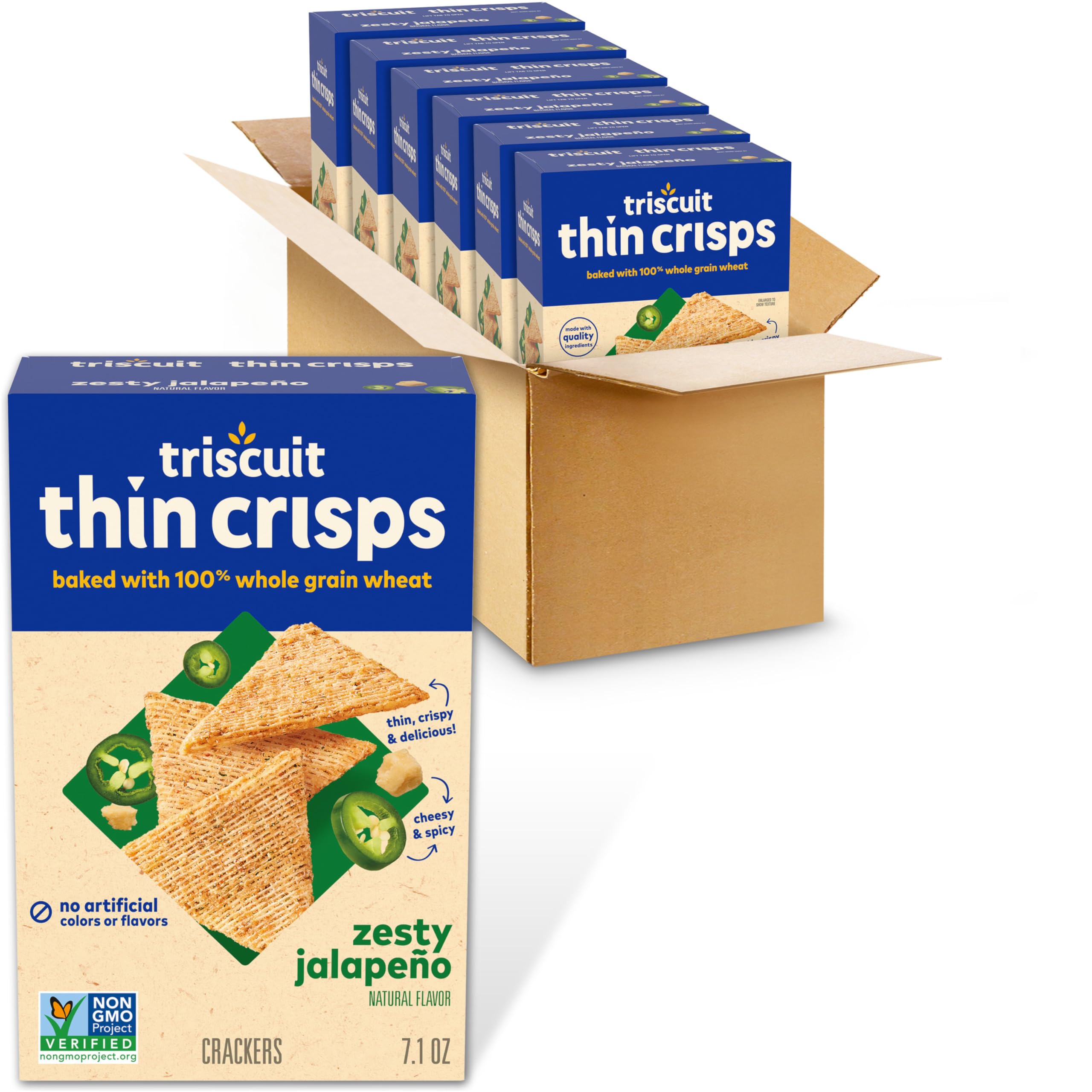 Triscuit Thin Crisps Zesty Jalapeno Whole Grain Wheat Crackers - Healthy Snacks for Lunch, Office & Parties - Bulk Pack of 6 (7.1 oz Each) - Perfect for Picnics, School Snacks & On-the-Go Munching