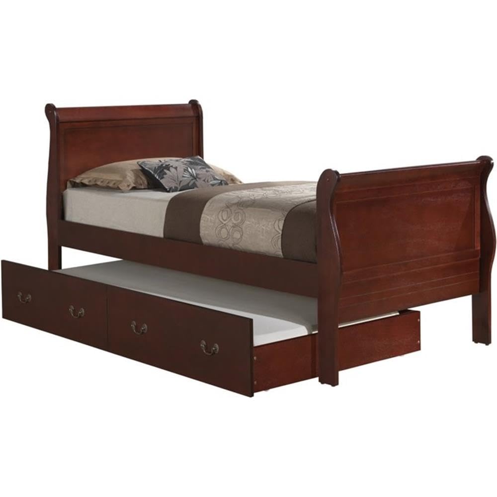 Glory Furniture Louis Phillipe Twin Trundle Bed - Solid Cherry Wood Frame with Storage Drawer | Perfect for Guest Rooms, Kids' Bedrooms & Small Spaces