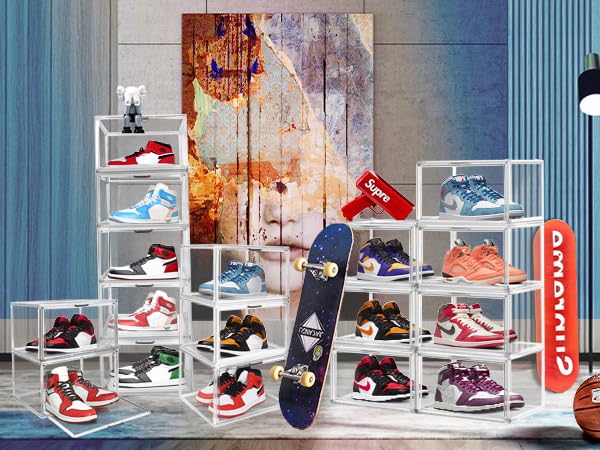 10 Pack Clear Plastic Stackable Shoe Storage Boxes with Magnetic Door - Acrylic Sneaker Display Case for Sneaker Collectors - Perfect for Closet Organization & Sneakerhead Collections