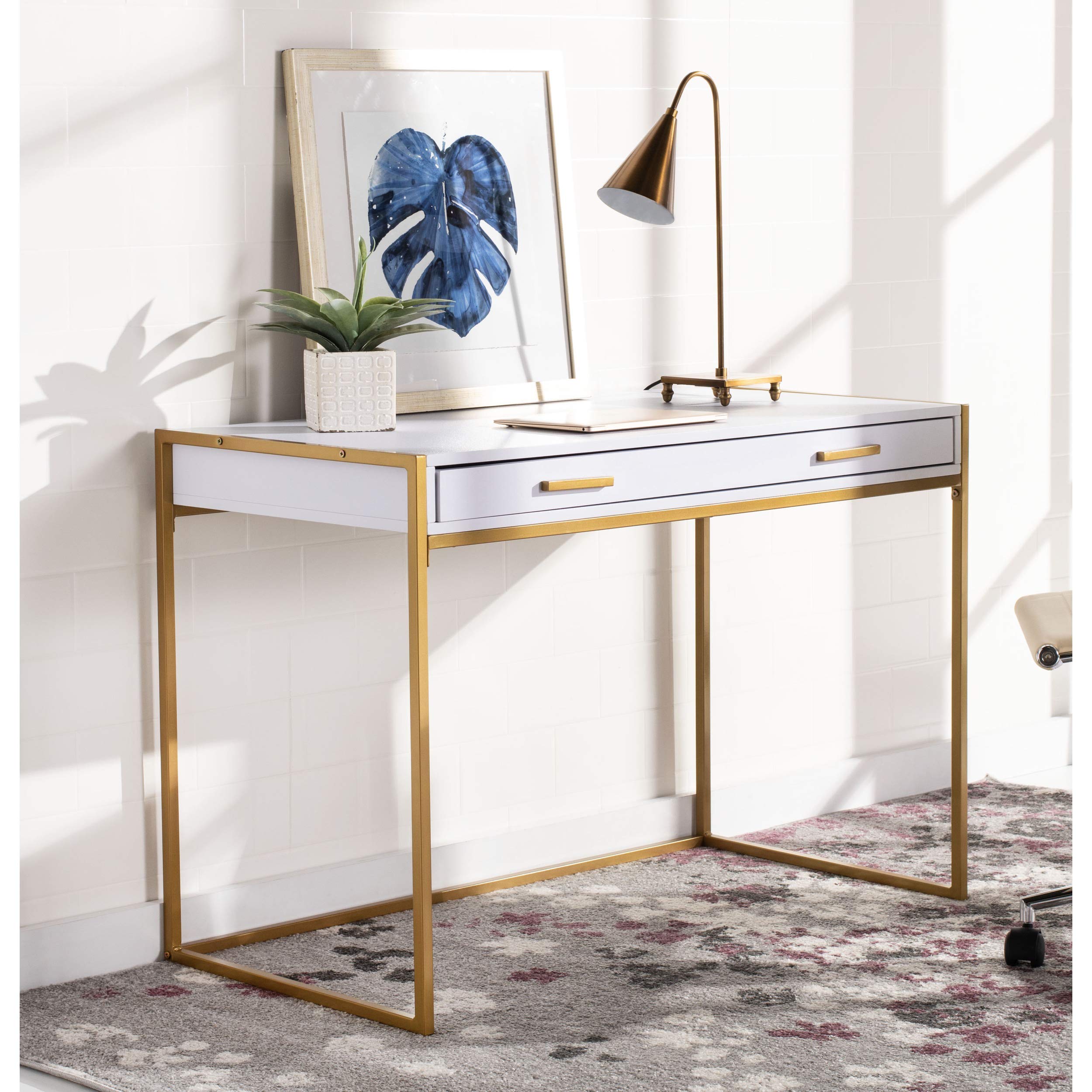 Safavieh Elodie Modern White and Gold 1-Drawer Home Office Desk - Stylish Writing Desk for Small Spaces, Dorm Rooms & Modern Workspaces