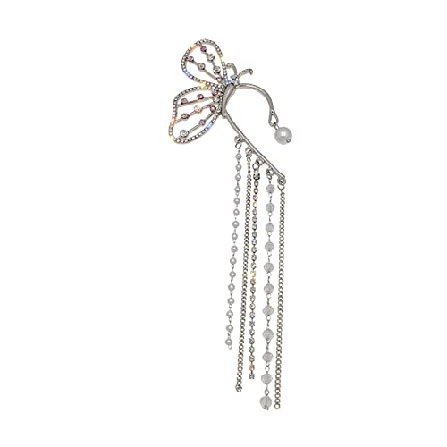 Pearl Rhinestone Butterfly Tassel Earrings - No Piercing Clip On Earrings for Women & Girls | Zircon Butterfly Ear Cuffs, Wrap Around Ear Jewelry | Perfect for Parties, Weddings & Everyday Wear