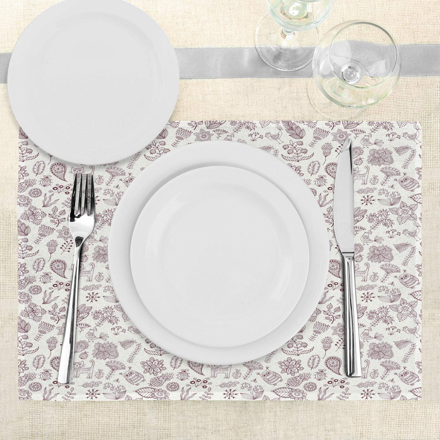 Ambesonne 4-Piece Playroom Place Mats Set - Nature Themed Owl, Cat, Bird with Bluebells & Tulips Design - Washable Fabric Table Mats for Dining Room & Kitchen Decor (Dark Brown/White) - Perfect for Kids' Meals, Family Gatherings & Themed Parties