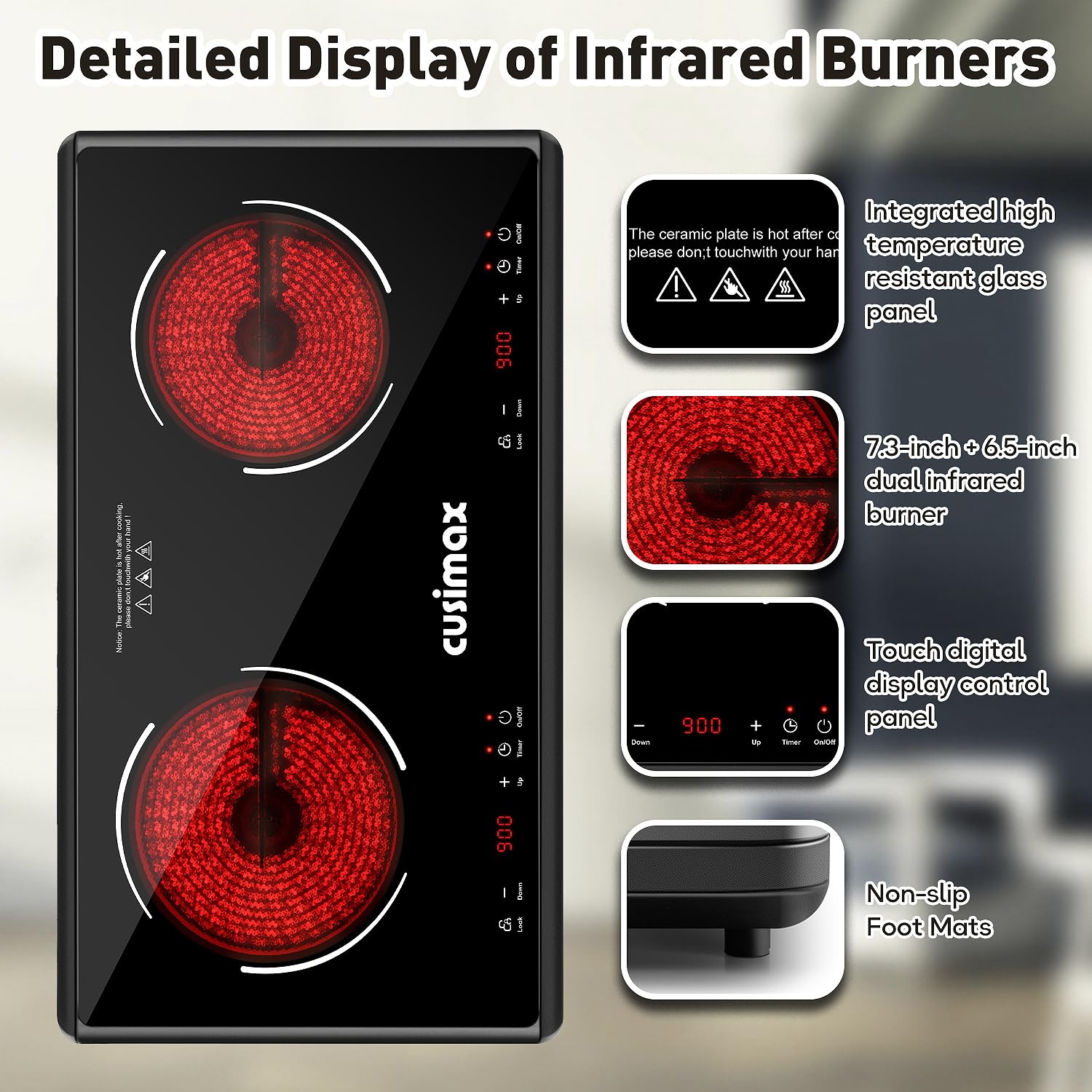 CUSIMAX 1800W Double Infrared Electric Stove - 9 Power Levels, Sensor Touch, Kids Safety Lock & Timer - Ceramic Countertop Hot Plate for Easy Cleaning | Perfect for Kitchen, Dorm, RV & Outdoor Cooking