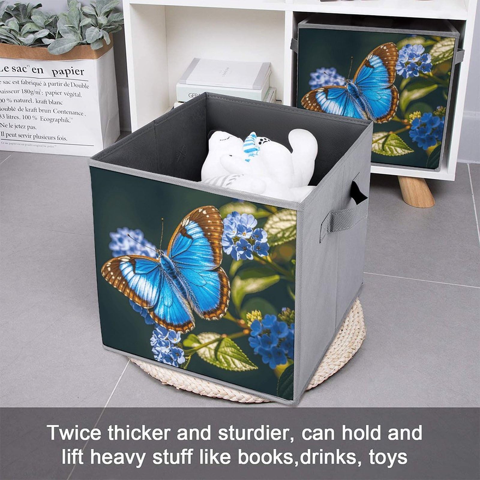 1PCS Collapsible Storage Bins with Handles - Blue Butterfly Printed Foldable Organizer Box for Home, Closet, Shelves & Office | Space Saving Storage Solution for Toys, Books & Household Items