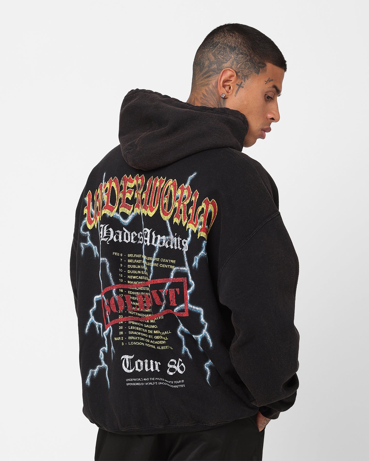 Vintage American Thrift Underworld Tour Hoodie - Distressed Black Wash | Streetwear Fashion for Concerts & Urban Style