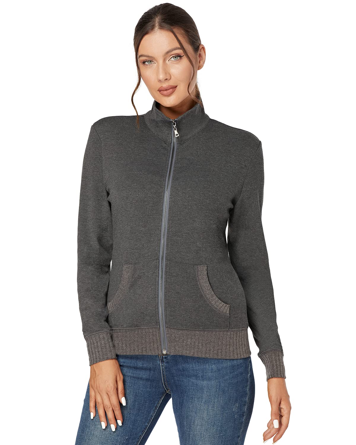 J.Corrine Women's Zip Up Hooded Sweatshirt Jacket - Stand Collar Long Sleeve Athletic Running Track Coat with Pockets | Navy Blue | Perfect for Jogging, Gym Workouts & Casual Streetwear