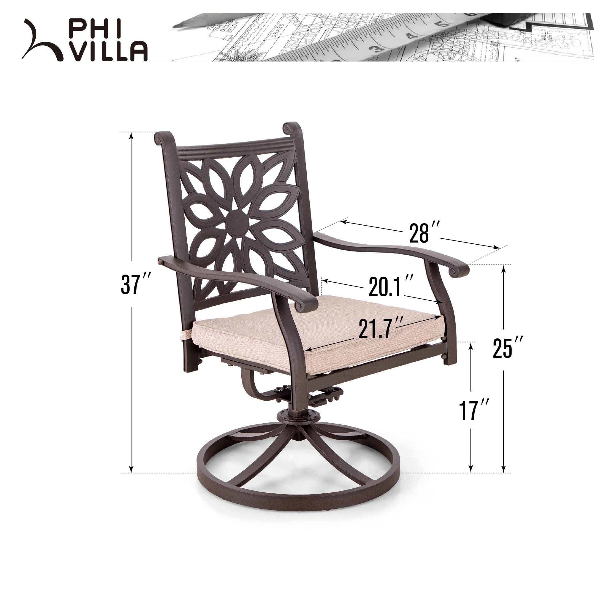 PHI VILLA 2-Piece Cast Aluminum Outdoor Patio Swivel Dining Chairs Set - All-Weather Rust-Resistant Wide Armrest Chairs with Cushions - Perfect for Backyard, Garden, Poolside & Restaurant Use