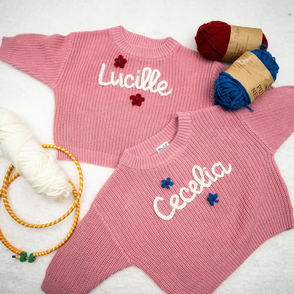 GODMERCH Personalized Hand Embroidered Oversized Knit Baby Sweater - Custom Name Sweater for Infants & Toddlers | Soft Fall & Winter Clothing | Unique Newborn Gift & Name Announcement Outfit for Baby Showers & Photoshoots