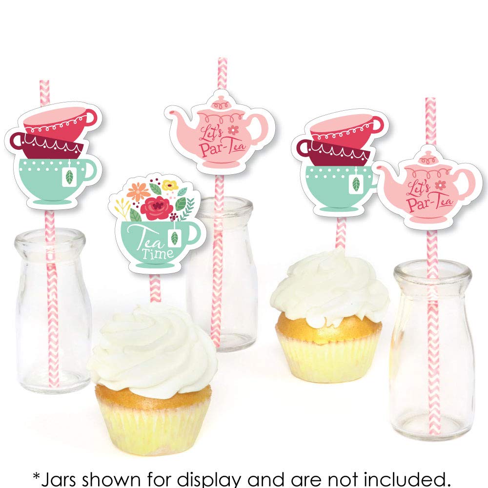 Big Dot of Happiness Floral Let’s Par-Tea Paper Straws - 24 Pack Decorative Garden Tea Party Straws with Striped Design for Birthday, Bridal Shower & Summer Picnic Decorations