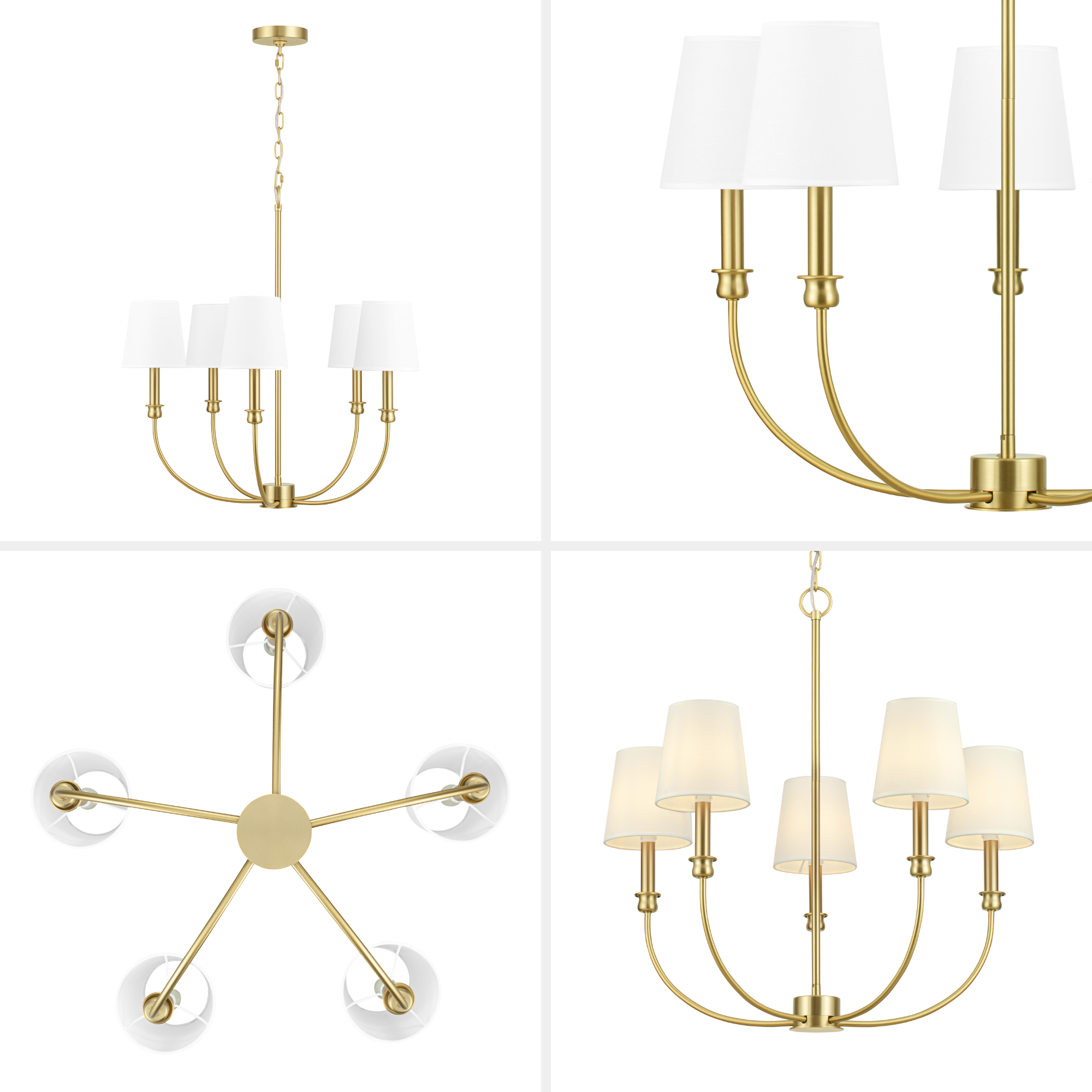 5-Light Billet Chandelier in Brushed Gold with Fabric Shades - Elegant Dining Room & Bedroom Ceiling Lighting Fixture