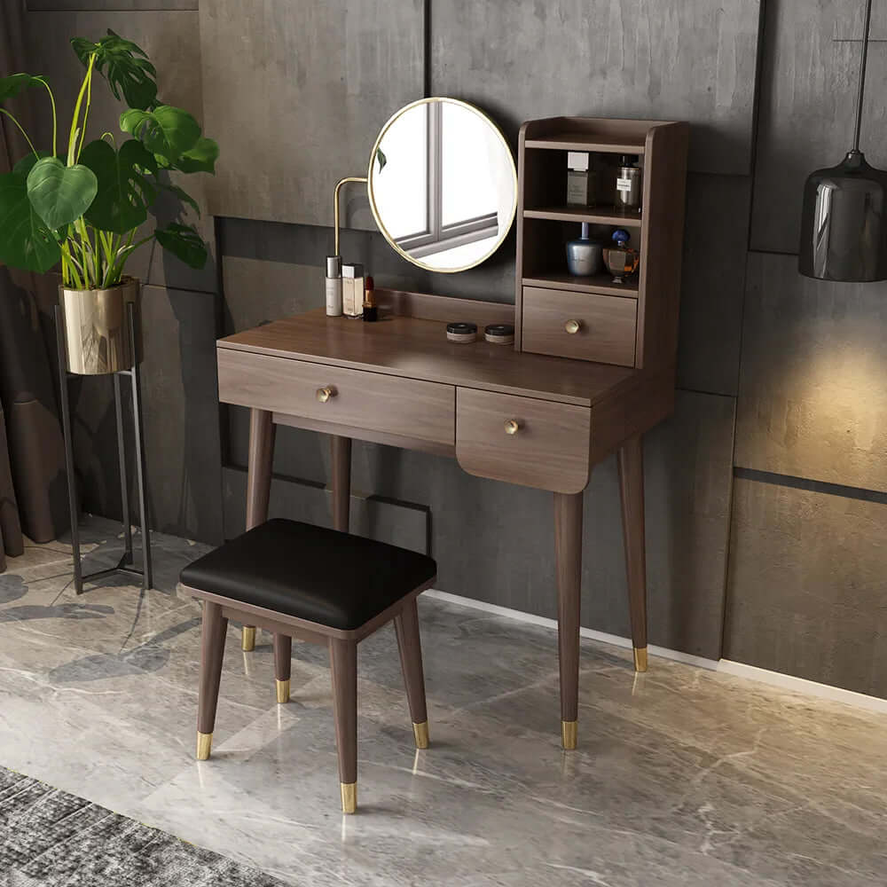 Ultic 2-Piece Minimalist Makeup Vanity Set with Mirror & Stool - Walnut Finish | Perfect for Bedroom, Dressing Room & Small Space Organization