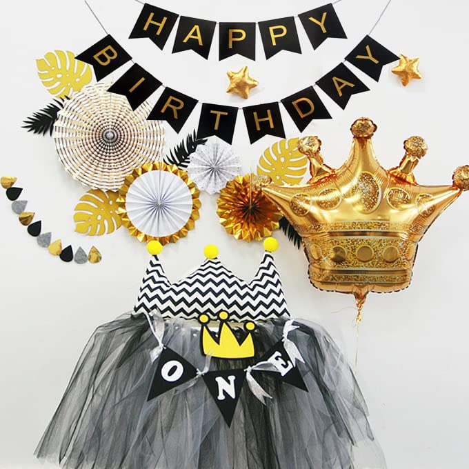 Happy Birthday Banner - Black and Gold Party Decorations for Birthday Celebrations | Perfect for Birthday Parties, Anniversaries & Special Events