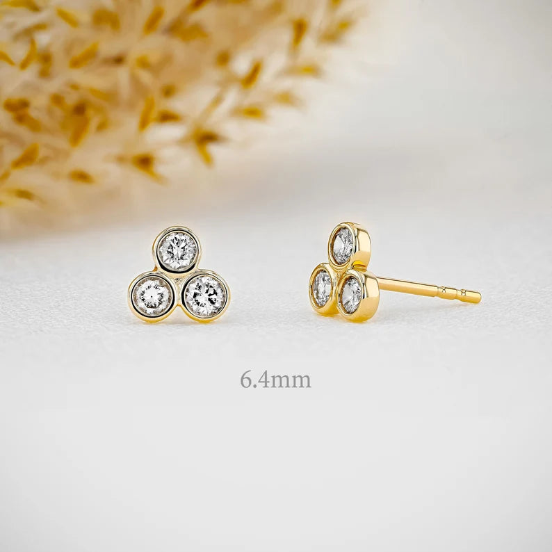 3 Stone Trio Bezel Set Stud Earrings for Women - 925 Sterling Silver Cubic Zirconia Earrings - Minimalist Elegant Jewelry Gift for Birthday, Anniversary & Valentine's Day