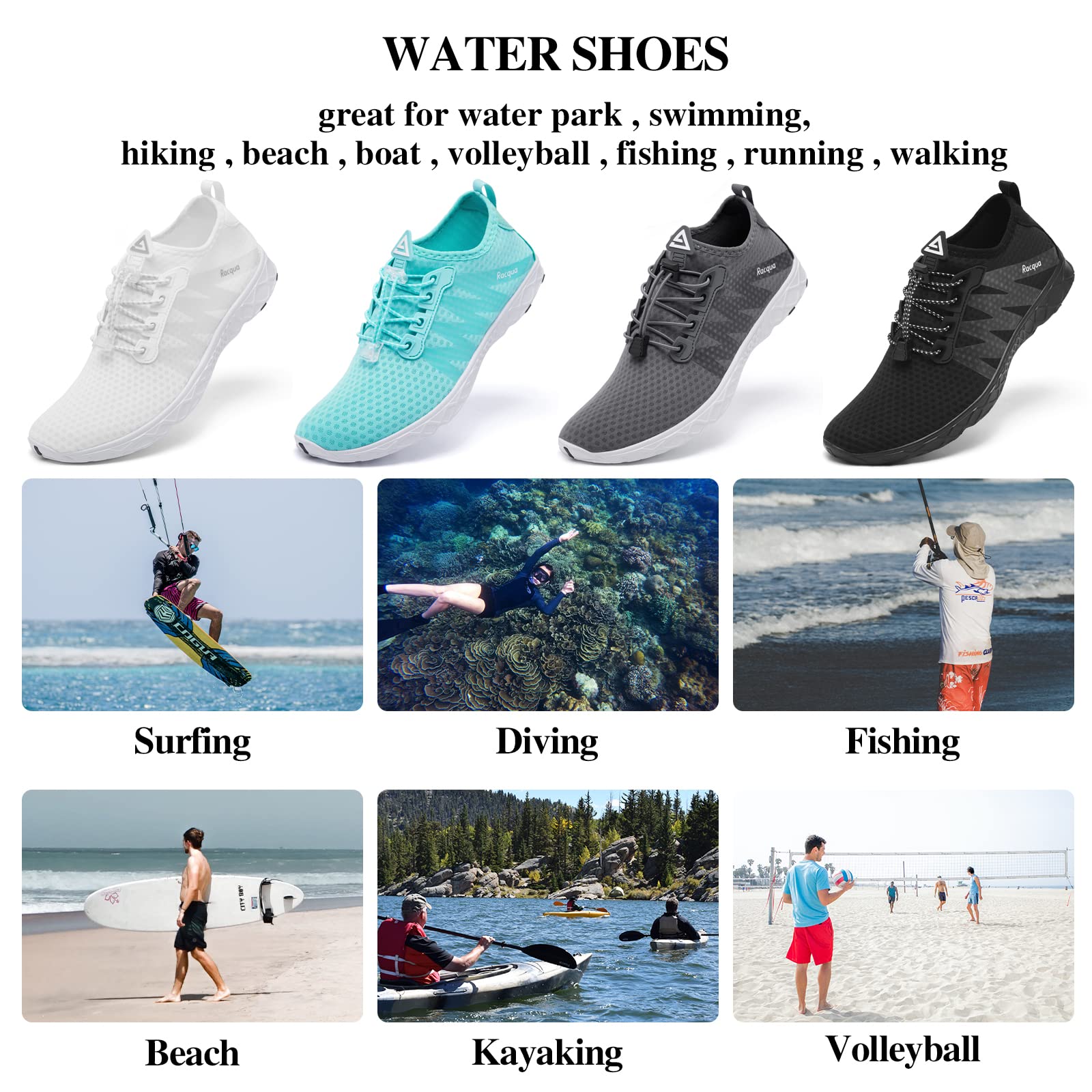 Racqua Women's & Men's Breathable Mesh Water Shoes - Lightweight Quick-Dry Aqua Shoes for Beach, Pool, Surfing & Water Sports