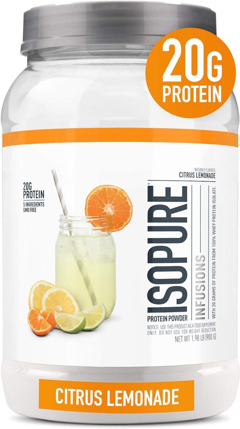 Isopure Clear Whey Isolate Protein Powder - Lactose Free, Gluten Free, Naturally Flavored Citrus Lemonade - 20g Protein per Serving (1.9 lb, 36 Servings) | Post-Workout Recovery & Healthy Lifestyle Supplement