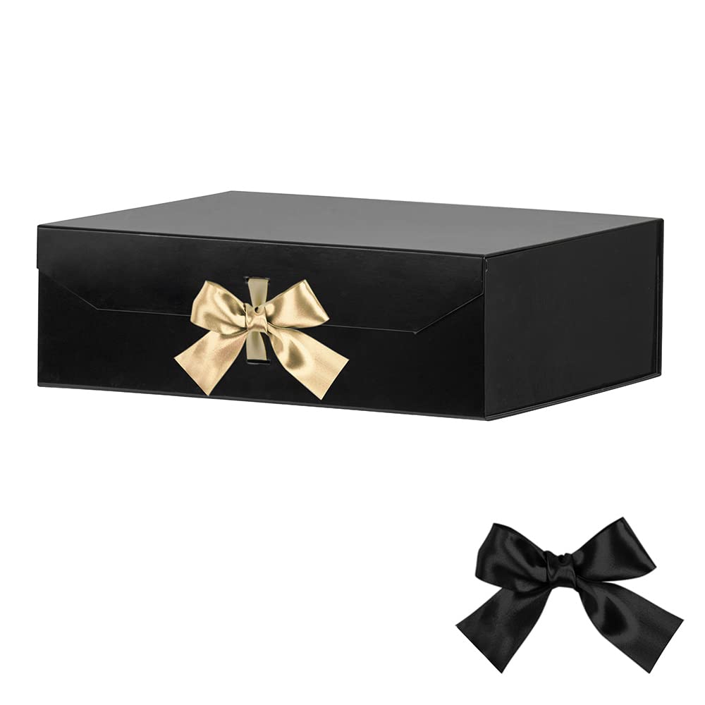Extra Large 16x14x5.3 Inches Black Gift Box with Ribbon & Magnetic Lid Closure - Premium Collapsible Rectangle Gift Box for Groomsman Proposal, Clothes, Jewelry, Wedding Favors & Special Occasions (Glossy Black)