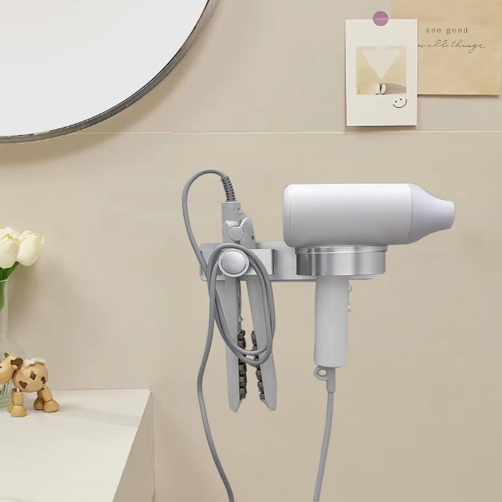 Stainless Steel Wall Mounted Hair Dryer Holder & Hair Straightener Organizer for Blow Dryer, Flat Iron, Curling Iron - Perfect for Bathroom, Salon, and Home Organization