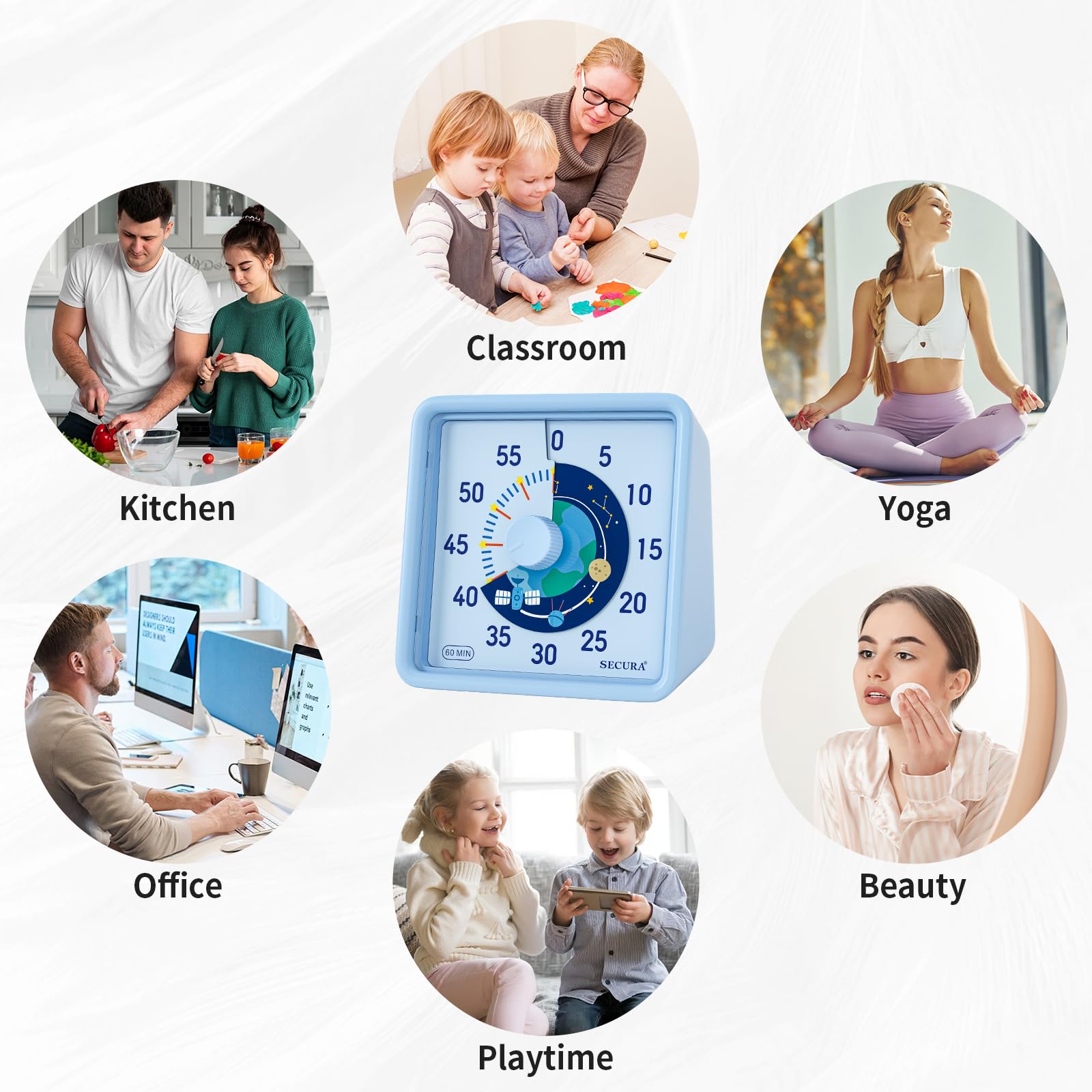 Secura 60-Minute Visual Timer for Kids & Adults - Silent Countdown Clock for Classroom, Office, Kitchen - Blue Time Management Tool for Homework, Cooking, Meetings & Productivity Tasks