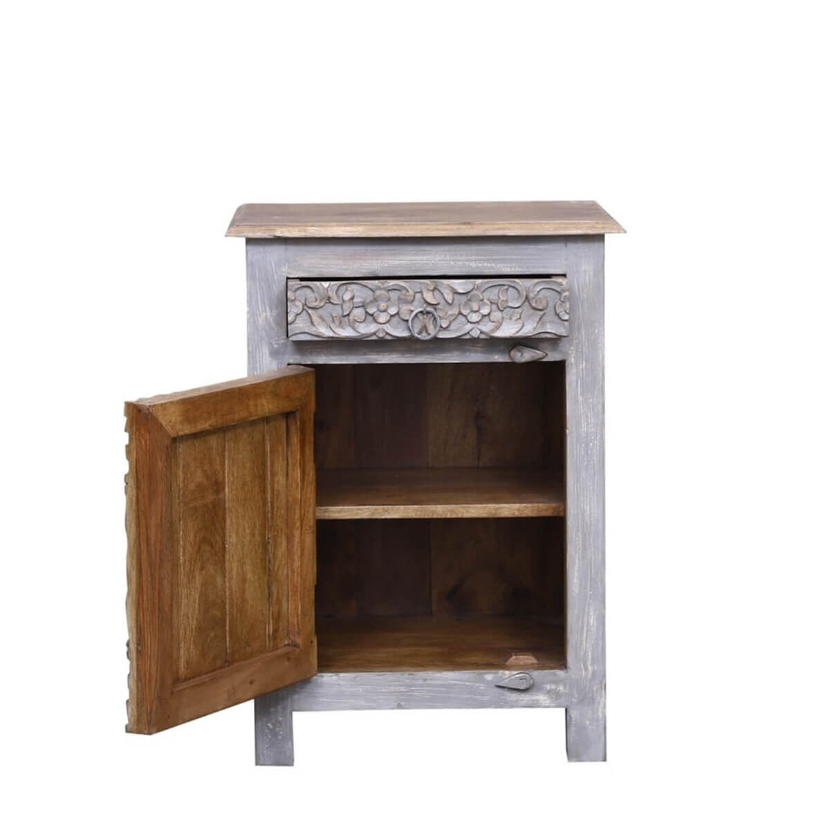 Hand Carved Reclaimed Wood Side Table with Single Drawer - Rustic Indian Design for Living Room, Bedroom & Office Decor