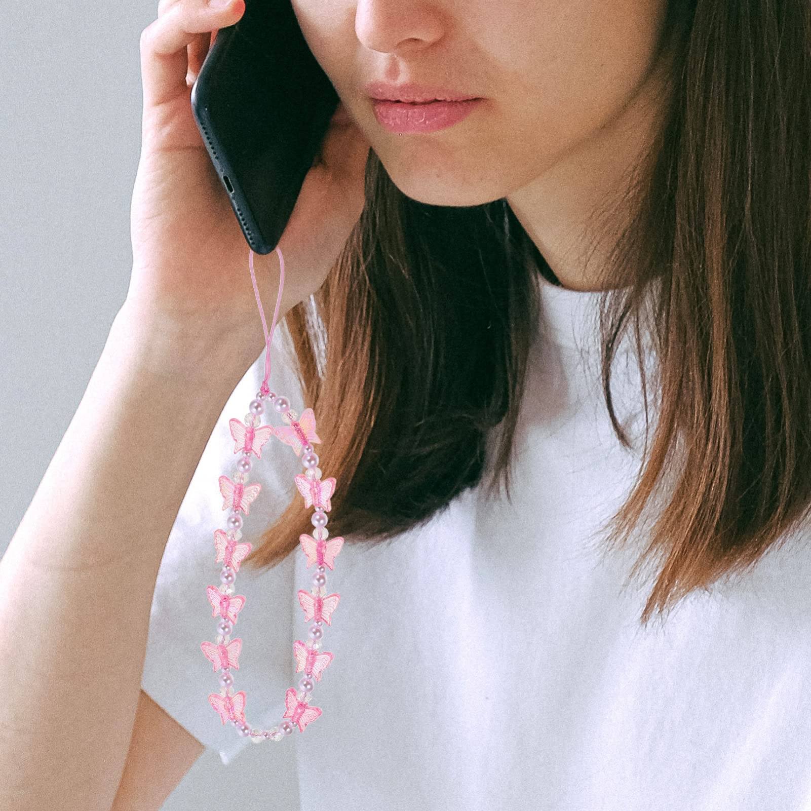 SOIMISS Pink Crystal Butterfly Beaded Phone Lanyard - Adjustable Wrist Strap for Smartphones, Cameras & Flashlights - Stylish Accessory for Women, Teens & Girls (Perfect for Parties, Concerts & Travel)