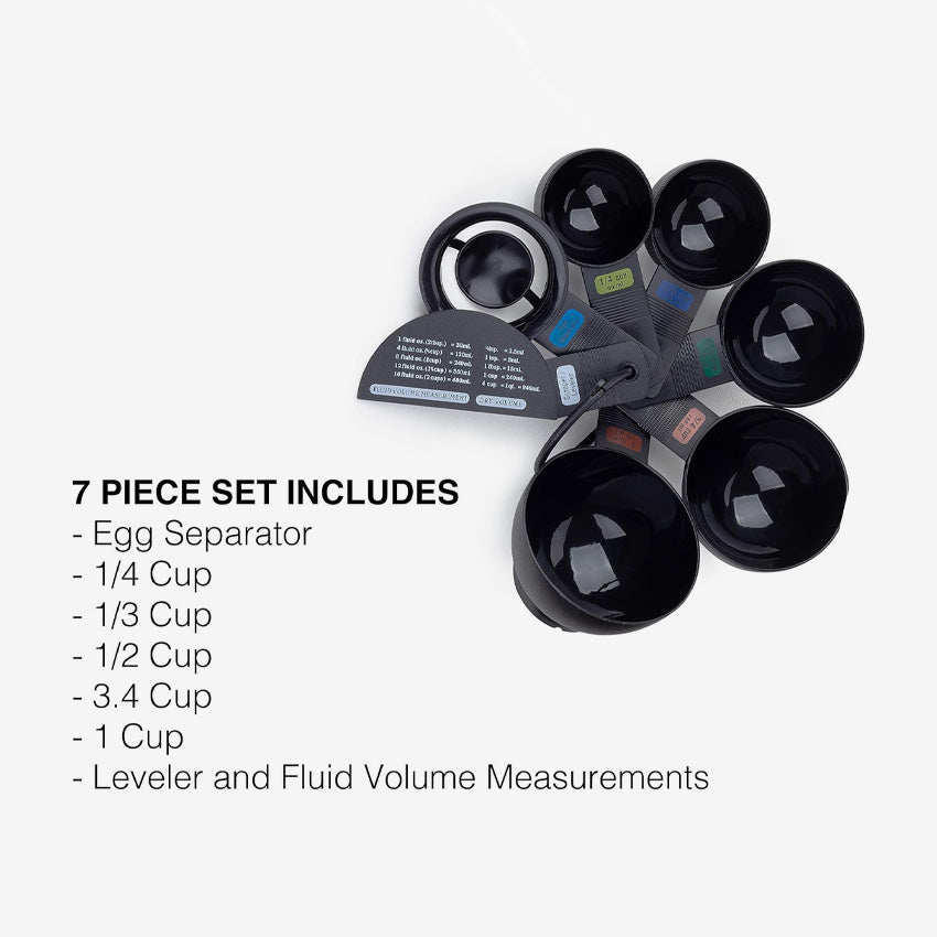 Fox Run 4-Piece Black Plastic Measuring Cup Set with Egg Separator - Perfect for Baking, Cooking, and Meal Prep in the Kitchen