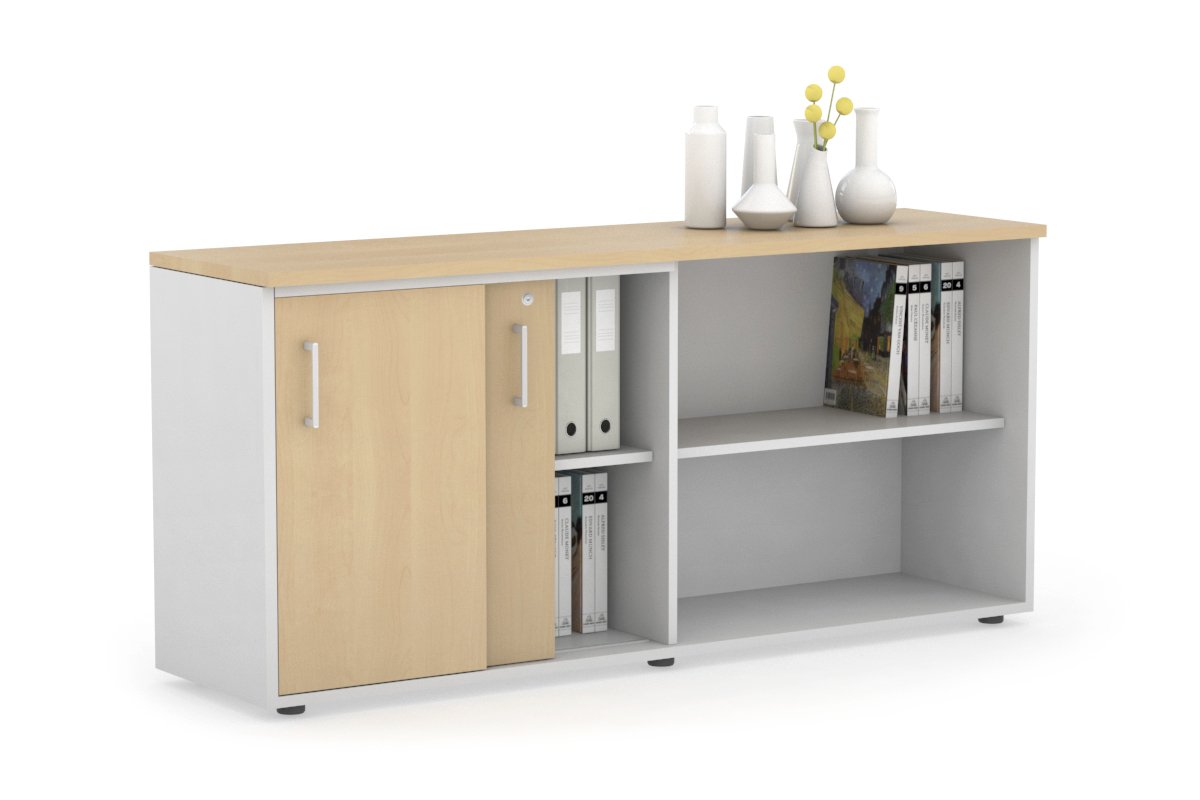 Modern 2-Door Sliding Credenza with Open Storage - Stylish TV Stand, Entryway Cabinet & Living Room Organizer for Home & Office