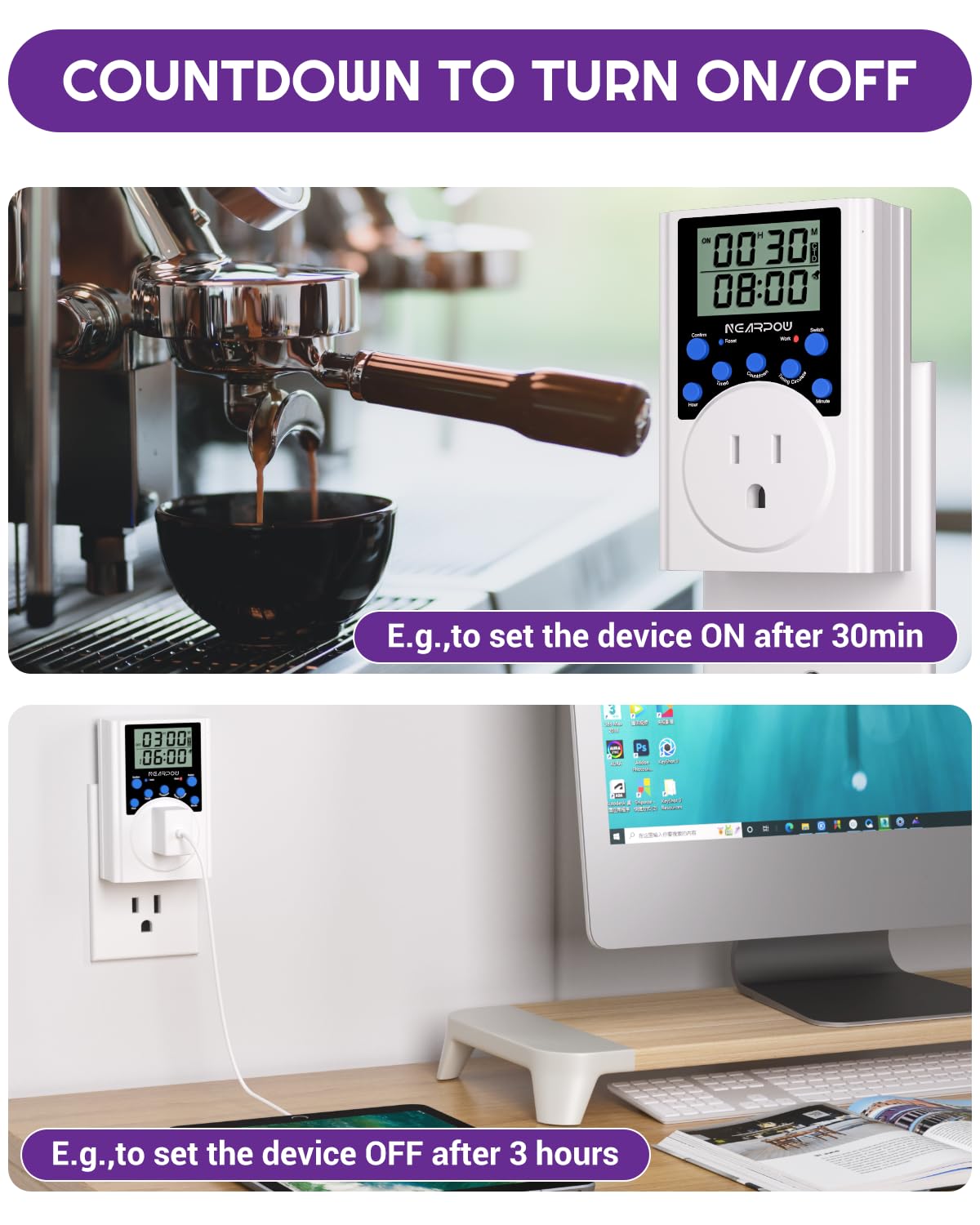 Nearpow Programmable Digital Timer Switch - 15A/1800W 3-Prong Outlet, Infinite Cycle Multifunctional Plug-in Timer for Lights, Appliances & Holiday Decorations - Perfect for Home, Office & Outdoor Use