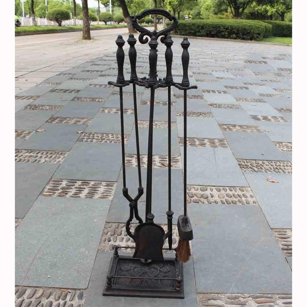 5-Piece Cast Iron Fireplace Tools Set with Wood Holder - Fireplace Tongs, Shovel, Broom & Stand for Indoor Fire Pits, Chimneys & Hearth Maintenance - Rustic Antique Design for Cozy Home Decor