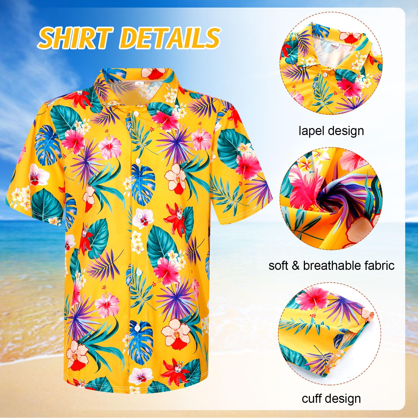 Harloon 4Pcs Men's Hawaiian Shirt and Shorts Set - Tropical Floral Button Down Beach Outfit with Bucket Hat & Sunglasses | Summer Vacation, Pool Party, Luau, Cruise Wear