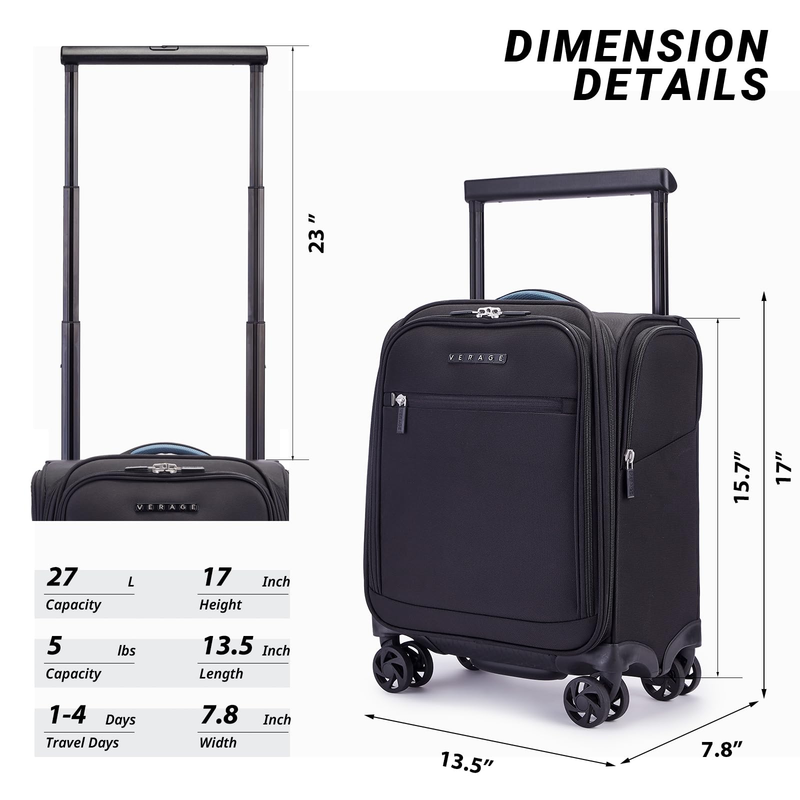 Vercase 15 Inch Underseat Spinner Carry On Luggage with Wheels - Black Travel Bag for Airplanes, Perfect Personal Item for Men & Women | Ideal for Business Trips & Weekend Getaways