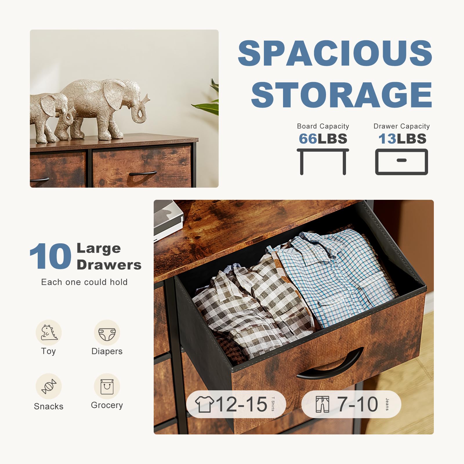 DUMOS 10-Drawer Dresser with Sturdy Metal Frame & Wood Tabletop - Grey & Brown Fabric Storage Tower for Bedroom, Kids Room, Closet, Nursery | Perfect for Organizing Clothes, Toys & Home Essentials
