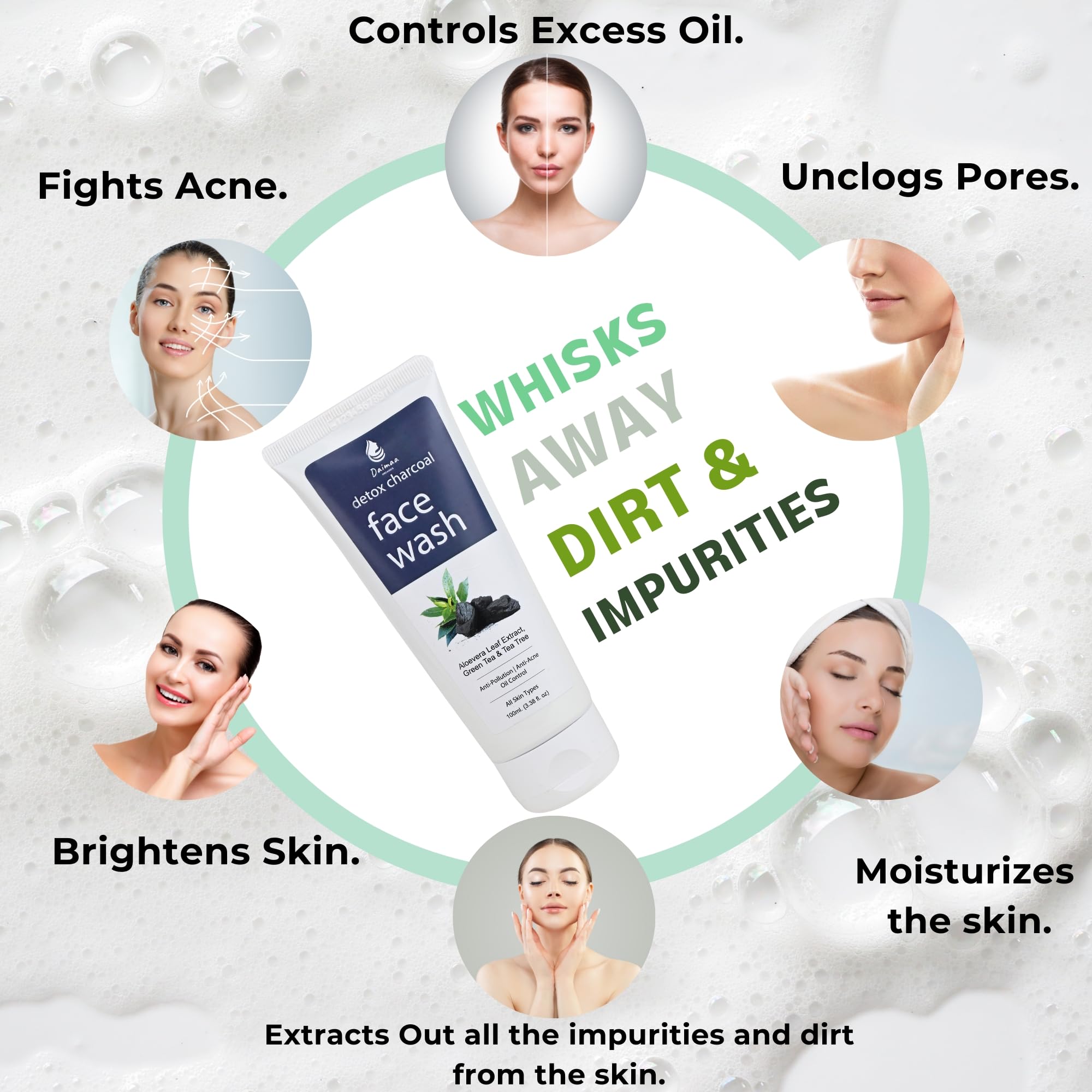 Daimaa Organics Detox Activated Charcoal Face Wash with Vitamin C, Green Tea & Tea Tree Oil - Anti Acne, Oil Control & Pollution Protection for Men & Women - 100ml - Perfect for Daily Skincare & Deep Cleansing Routine