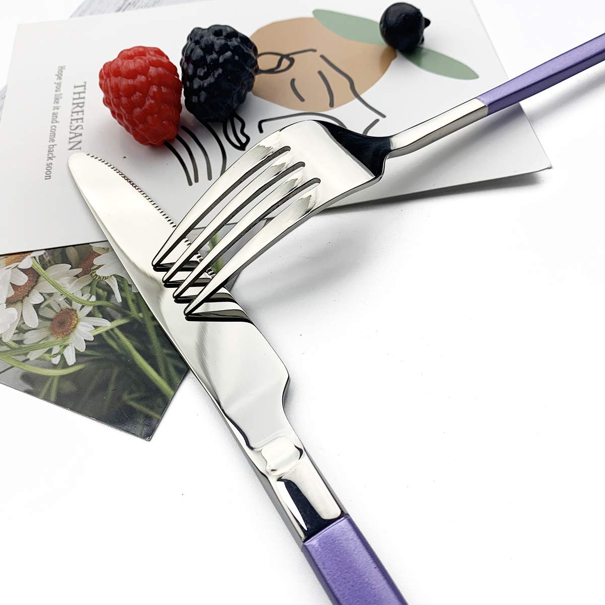 JASHII 5-Piece Modern Silverware Set - 18/10 Stainless Steel Flatware with Square Edge - Elegant Mirror Polished & Dishwasher Safe Kitchen Utensils for 1 (Purple Silver) - Perfect for Dining, Gifts & Home Decor