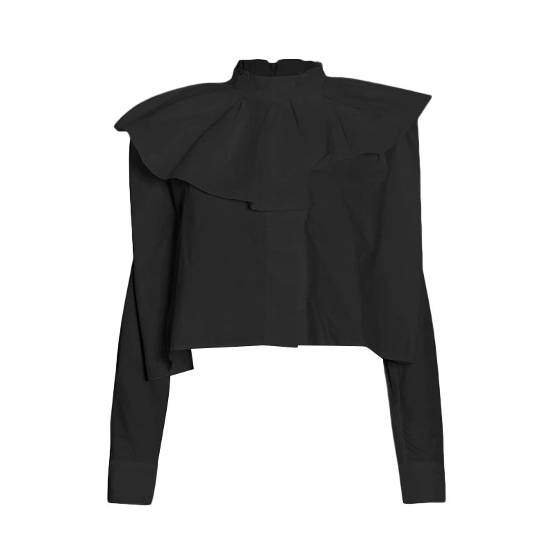 Apricot Minimalist Short Sleeve Blouse for Women - Stand Collar Long Sleeve Patchwork Pleated Loose Korean Style Top | Perfect for Office Wear, Casual Outfits & Spring Fashion