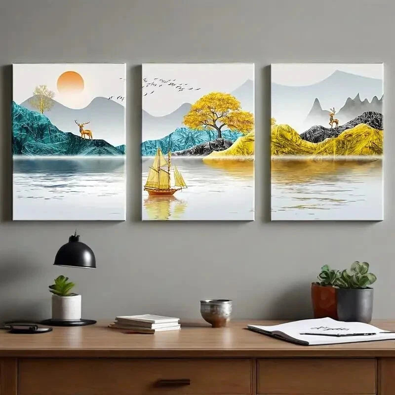 3-Piece Abstract Landscape Metal Wall Art Prints - Ready to Hang Modern Home Decor for Living Room, Bedroom & Office