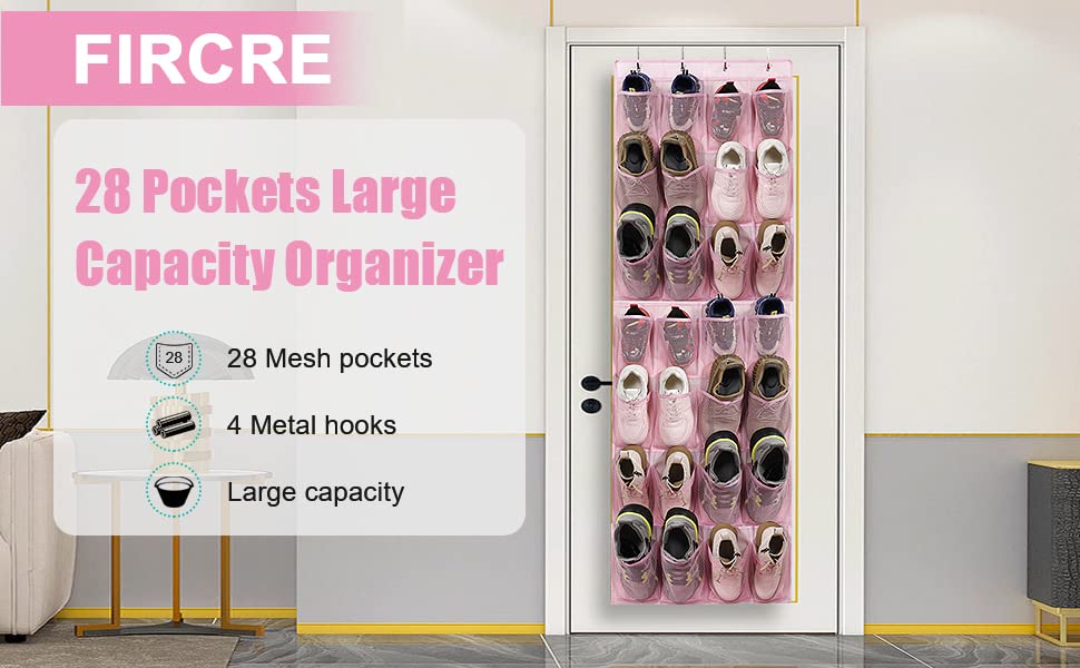 Over the Door Shoe Organizer with 28 Mesh Pockets - Space Saving Hanging Shoe Storage Rack for Closet, Entryway, Bedroom & Bathroom - Holds Men's Sneakers & Women's Shoes (2 Pack, Pink) - Perfect for Small Spaces & Shoe Organization