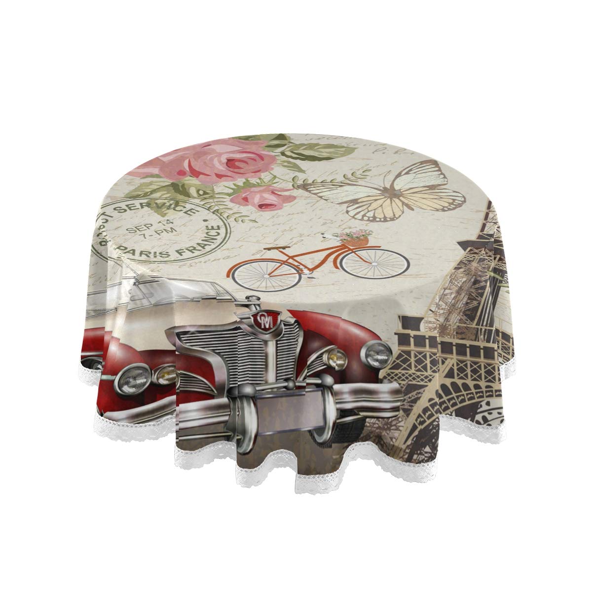 AUUXVA Round Tablecloth - Washable Polyester Paris Eiffel Tower Rose Floral Design Table Cover for Buffet, Kitchen, Dining Room & Party Decor | Perfect for Home Decorations, Wedding Receptions & Outdoor Events