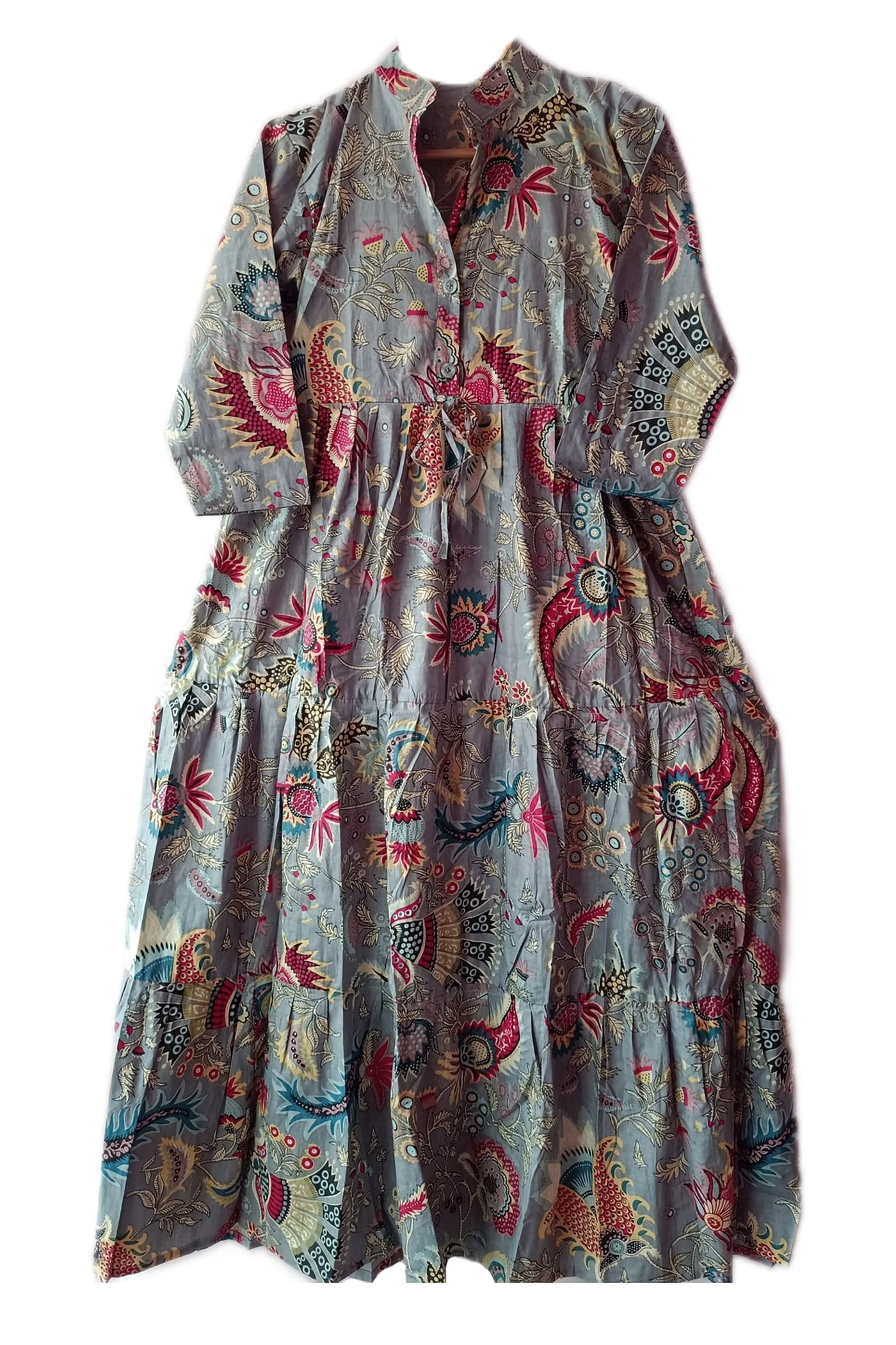 Women's Mukut Print Floral Cotton Long Dress - Indian Ethnic Block Print Maxi Gown by RANJANACRAFT | Perfect for Festivals, Weddings & Cultural Events