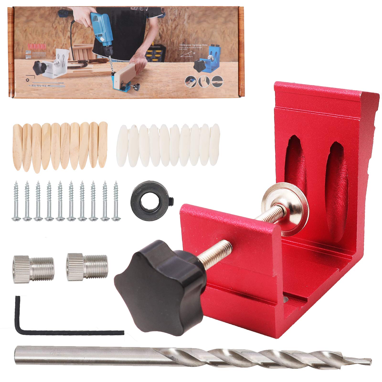 **Red Pocket Hole Jig Kit - 46pcs Woodworking Accessories with Angle Guides & Joint Locator for DIY Carpentry Projects - Perfect for Furniture Making, Cabinetry, and Home Repairs**