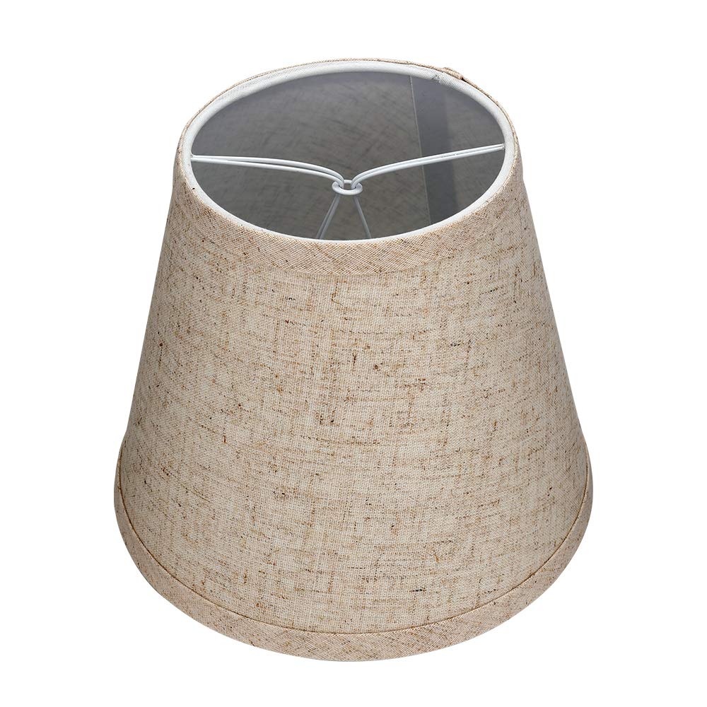 ALUCSET 2-Pack Small Clip-On Lamp Shades for Candelabra Bulbs - 5x8x7 Inch Barrel Fabric Lampshades in White/Brown - Perfect for Table Lamps, Chandeliers & Wall Sconces - Elegant Home & Office Lighting Decor