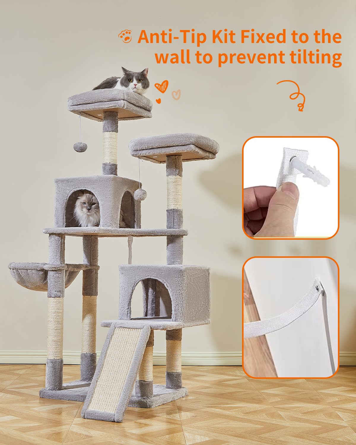 Taoqimiao 56.3-Inch Cat Tree with Scratching Posts - Multi-Level Cat Tower for Indoor Cats Featuring Hammocks, Toys, Condo & Large Scratch Board in Light Gray (MS012W) - Perfect for Small Spaces, Apartments & Playful Kittens