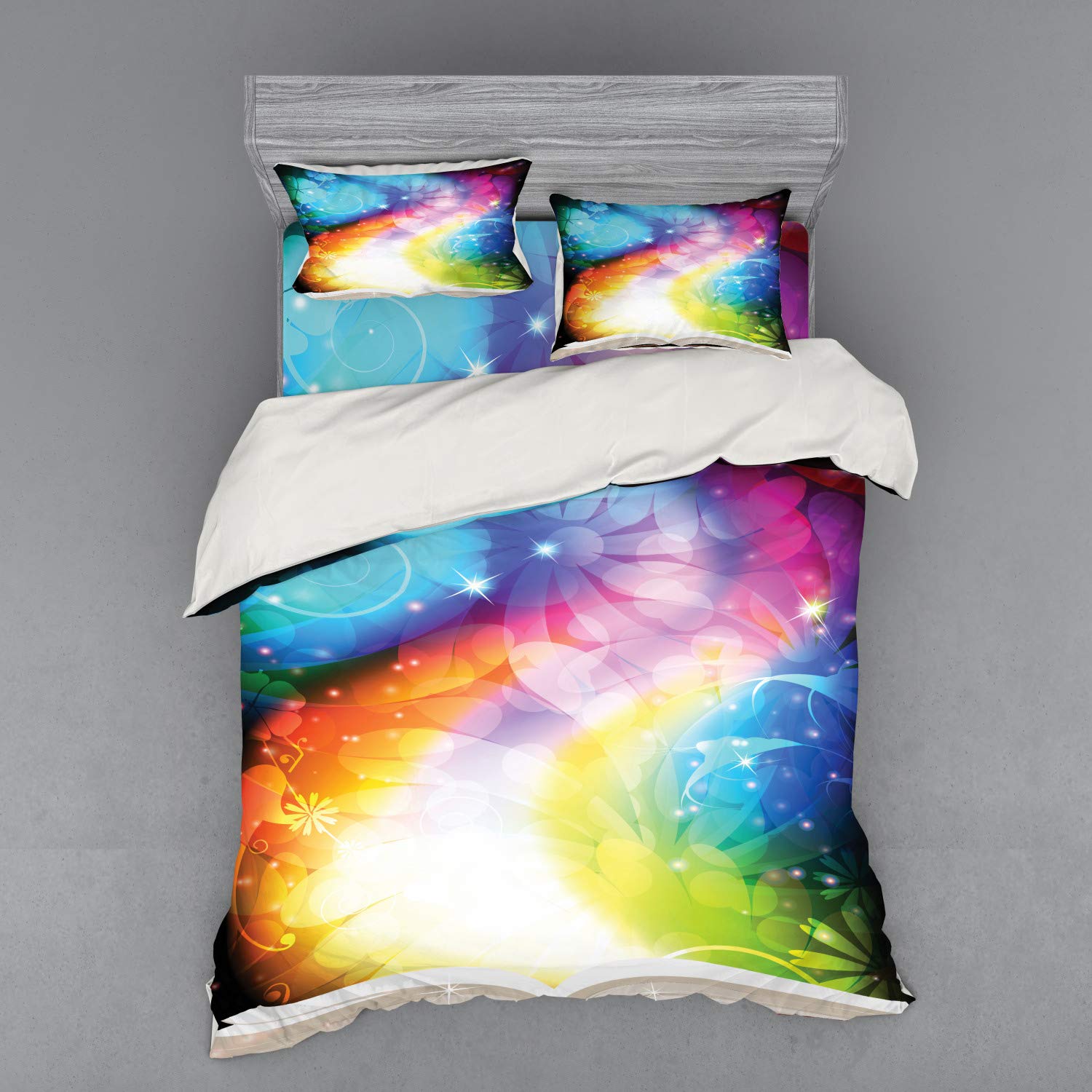 Ambesonne Psychedelic Open Book Duvet Cover Set - 4 Piece Queen Size Bedding with Shams & Fitted Sheet - Gradient Rainbow Floral Design - Perfect for Bohemian Bedrooms, Dorm Rooms & Unique Home Decor