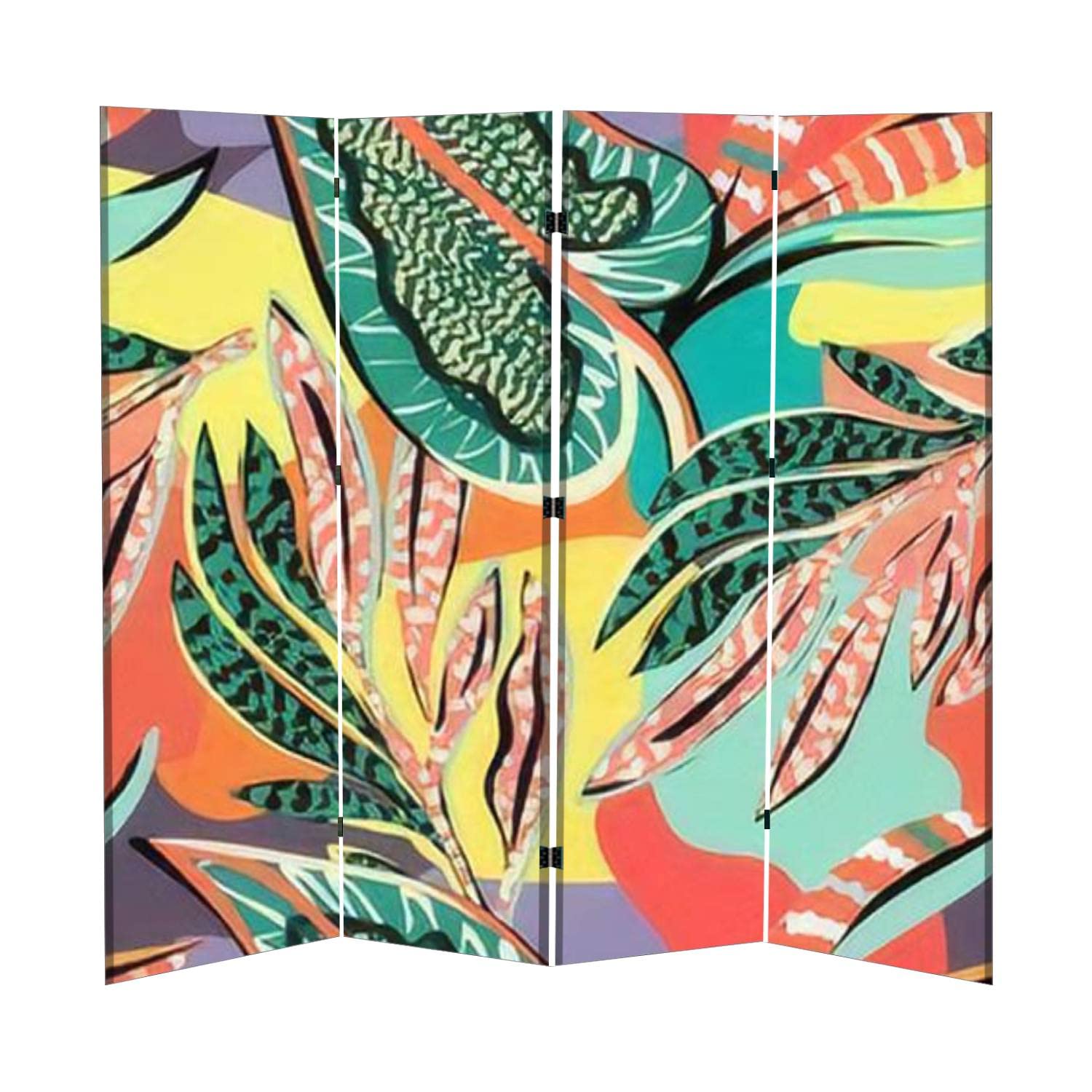 4-Panel Folding Room Divider Screen - Tropical Hand-Painted Leaves Design, Freestanding Privacy Partition for Home, Office & Bedroom | Perfect for Creating Private Spaces, Room Separation & Decoration
