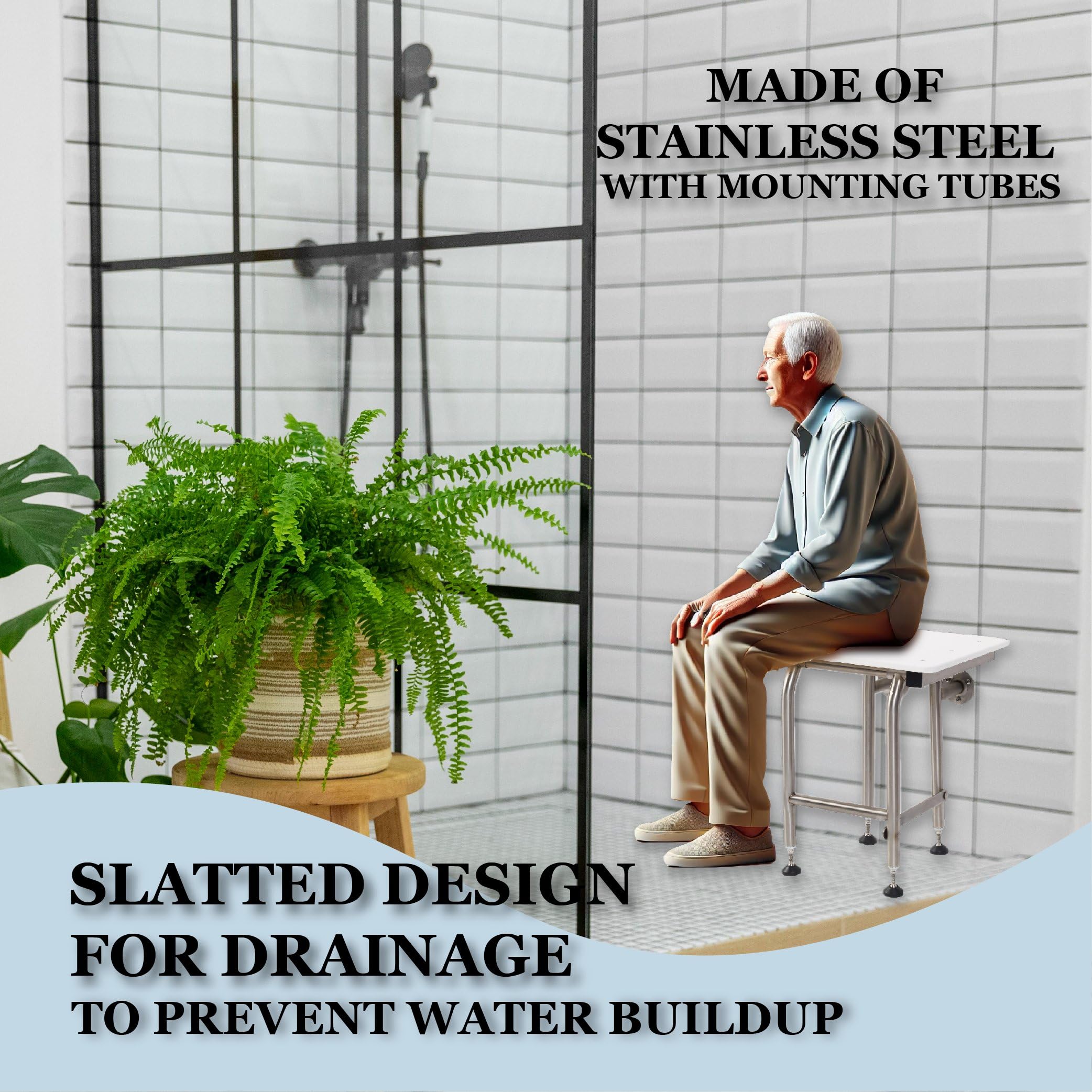 ADA Heavy Duty Shower Chair with Legs - 400lbs Capacity Folding Shower Seat for Elderly & Disabled | 304 Stainless Steel Wall Mounted Bath Seat (24