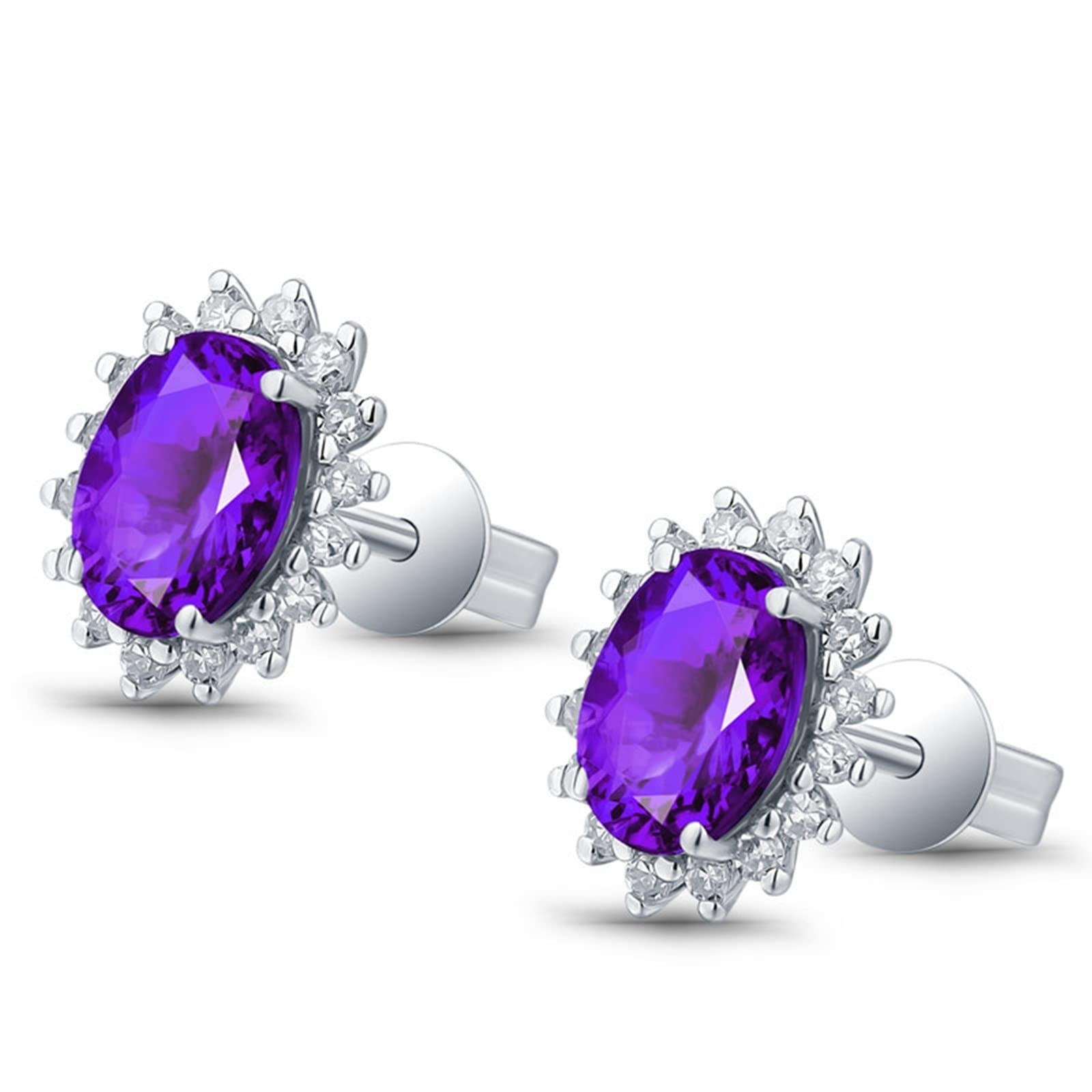 18ct White Gold Amethyst Stud Earrings for Women - 2.13ct Oval Purple Gemstone with Diamond Accents | Elegant Jewelry Gift for Birthday, Anniversary & Special Occasions